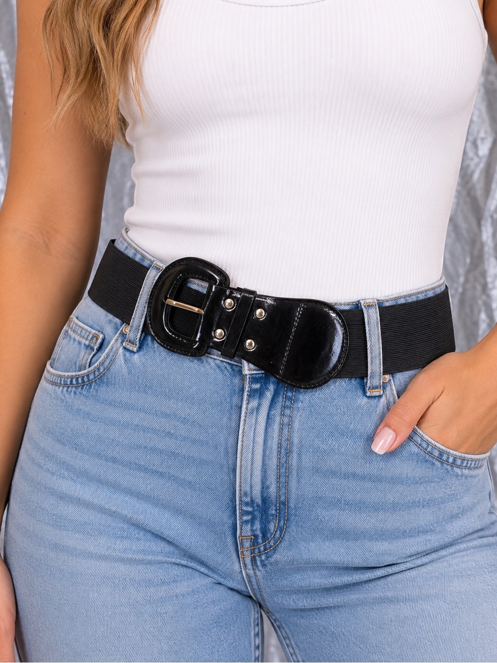 Women’s Black Wide Elastic Stretch Waist Belt w/ Adjustable Buckle, One Size